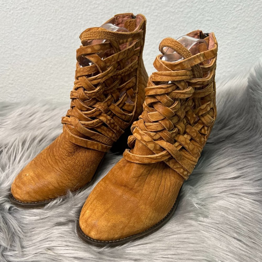 Free People Carrera Bootie Woven Ankle Boots Vintage Tan Leather‎ Size 38 US 7.5